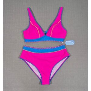 Hilinker Womens Pink Blue Colorblock High Waisted Scallop Bikini Set XL NWT